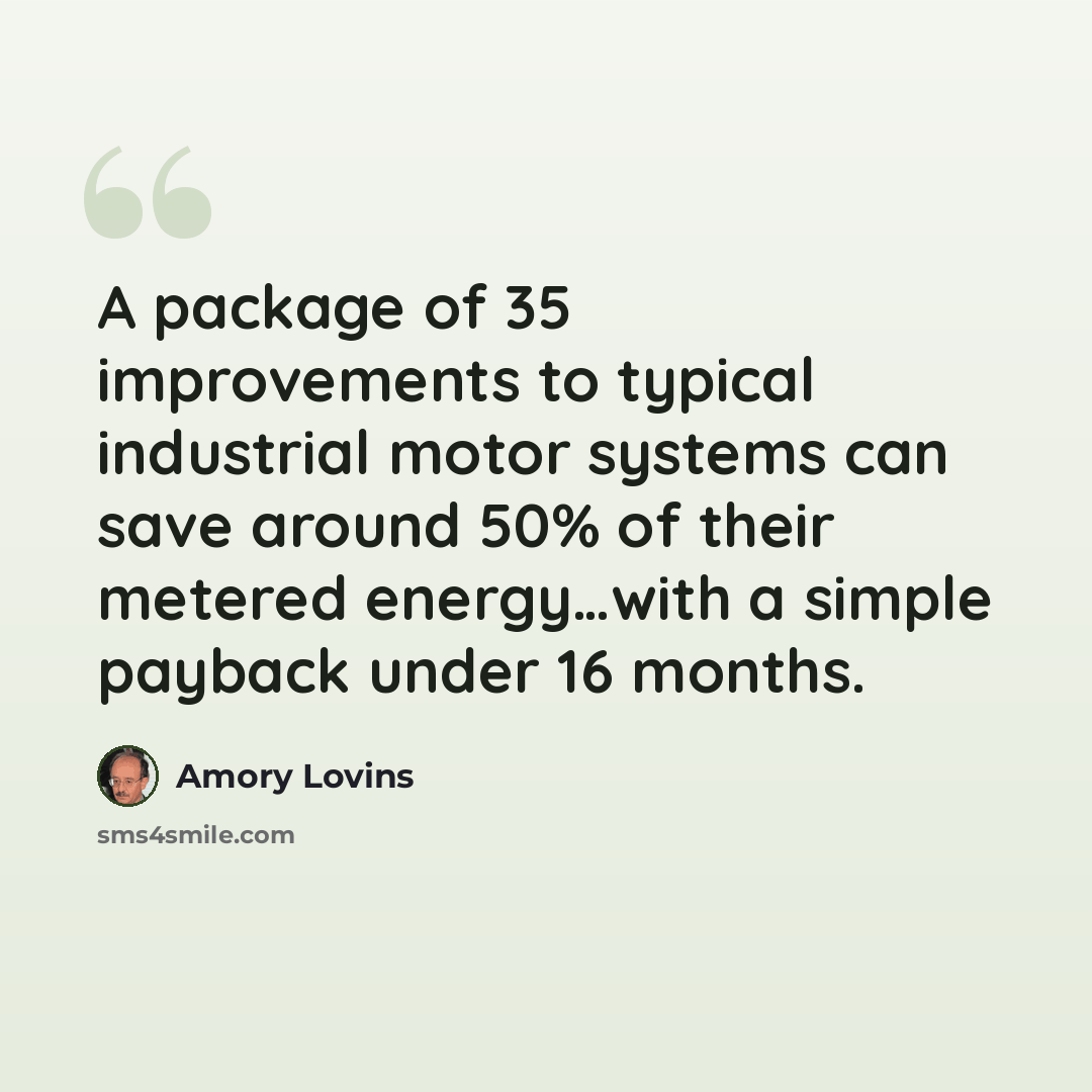 “A package of 35 improvements to typical industrial motor systems can save around 50% of their metered energy…with a simple payback under 16 months.” quote by Amory Lovins
