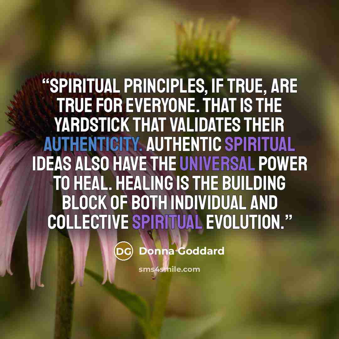 “Spiritual principles, if true, are true for everyone. That is the yardstick that validates their authenticity. Authentic spiritual ideas also have the universal power to heal. Healing is the building block of both individual and collective spiritual evolution.” quote by Donna Goddard