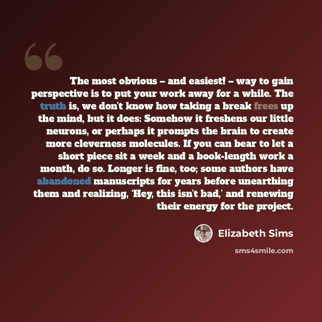 “The most obvious – and easiest! – way to gain perspective is to put your work away for a while. The truth is, we don’t know how taking a break frees up the mind, but it does: Somehow it freshens our little neurons, or perhaps it prompts the brain to create more cleverness molecules. If you can…” quote by Elizabeth Sims