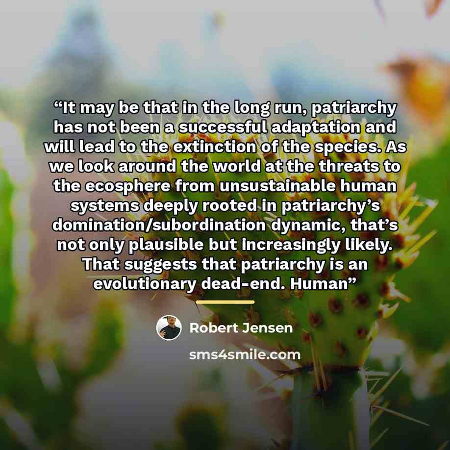 “It may be that in the long run, patriarchy has not been a successful adaptation and will lead to the extinction of the species. As we look around the world at the threats to the ecosphere from unsustainable human systems deeply rooted in patriarchy’s domination/subordination dynamic, that’s not…” quote by Robert Jensen