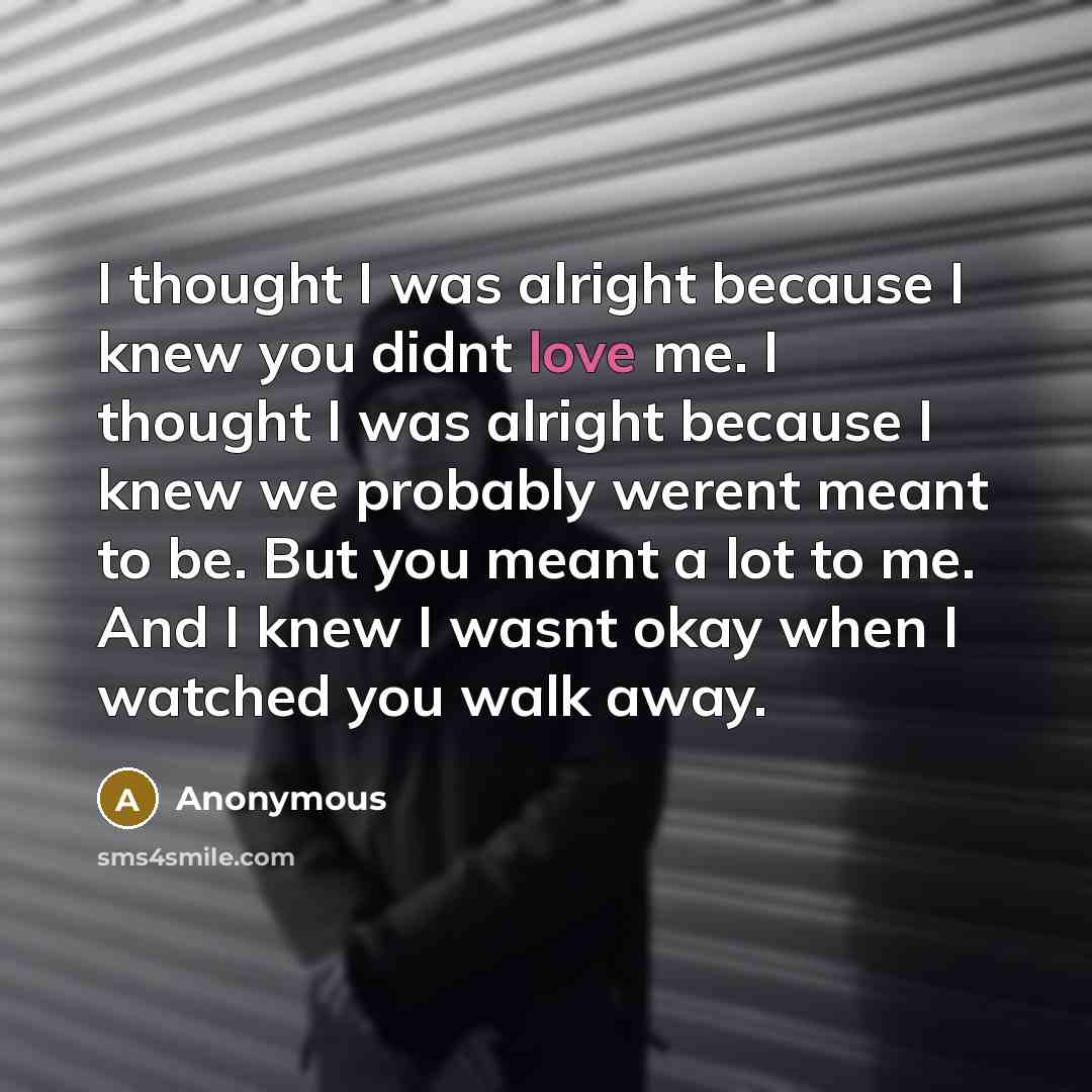 “I thought I was alright because I knew you didnt love me. I thought I was alright because I knew we probably werent meant to be. But you meant a lot to me. And I knew I wasnt okay when I watched you walk away.” quote by Anonymous