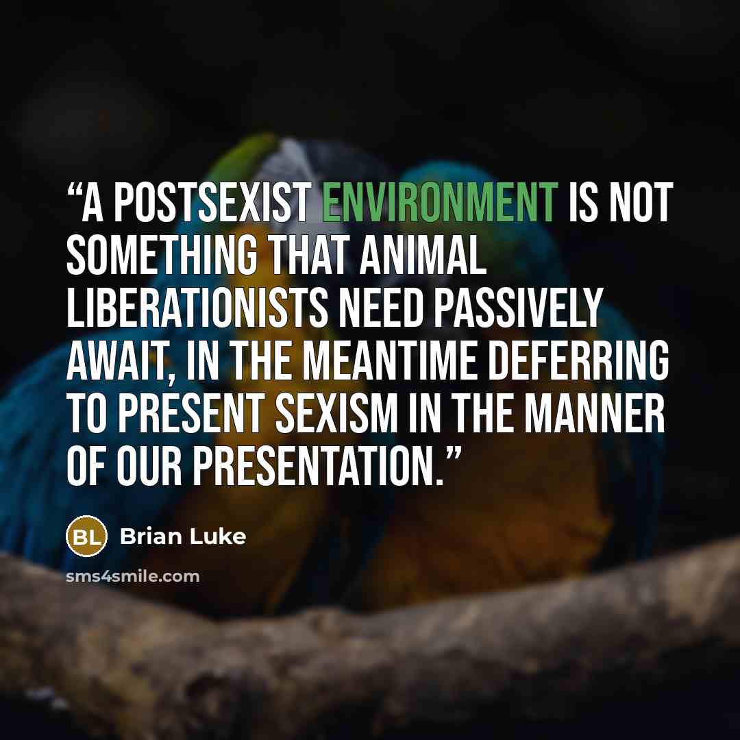 “A postsexist environment is not something that animal liberationists need passively await, in the meantime deferring to present sexism in the manner of our presentation.” quote by Brian Luke
