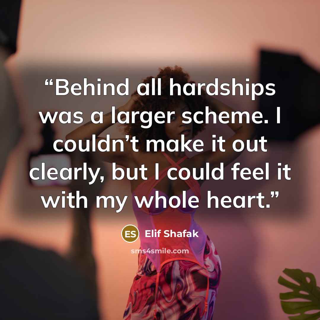 “Behind all hardships was a larger scheme. I couldn’t make it out clearly, but I could feel it with my whole heart.” quote by Elif Shafak