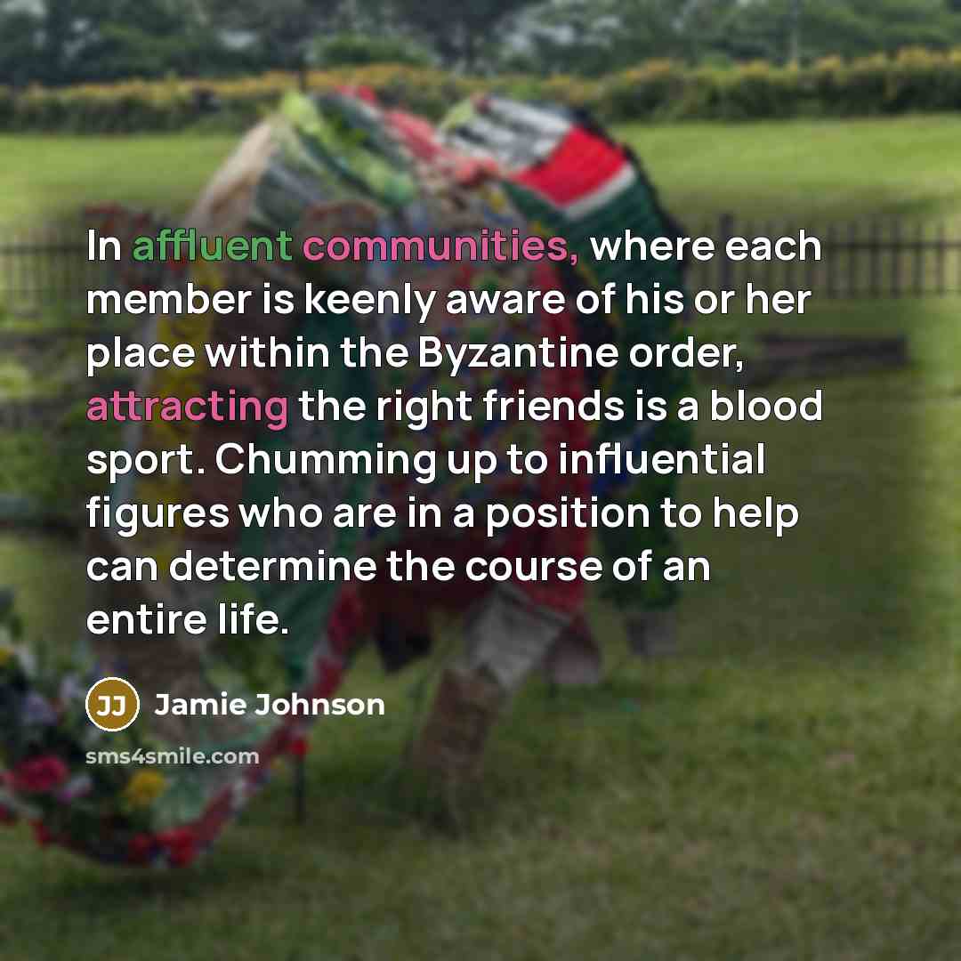 “In affluent communities, where each member is keenly aware of his or her place within the Byzantine order, attracting the right friends is a blood sport. Chumming up to influential figures who are in a position to help can determine the course of an entire life.” quote by Jamie Johnson