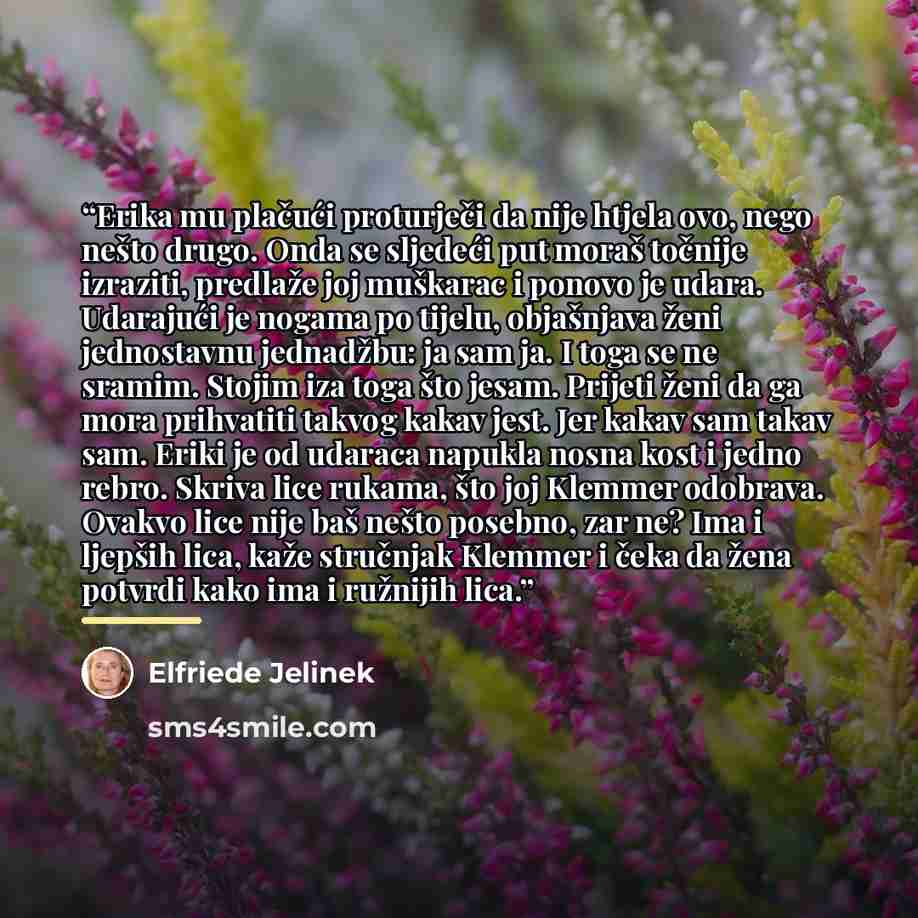“Erika mu plačući proturječi da nije htjela ovo, nego nešto drugo. Onda se sljedeći put moraš točnije izraziti, predlaže joj muškarac i ponovo je udara. Udarajući je nogama po tijelu, objašnjava ženi jednostavnu jednadžbu: ja sam ja. I toga se ne sramim. Stojim iza toga što jesam. Prijeti ženi da…” quote by Elfriede Jelinek