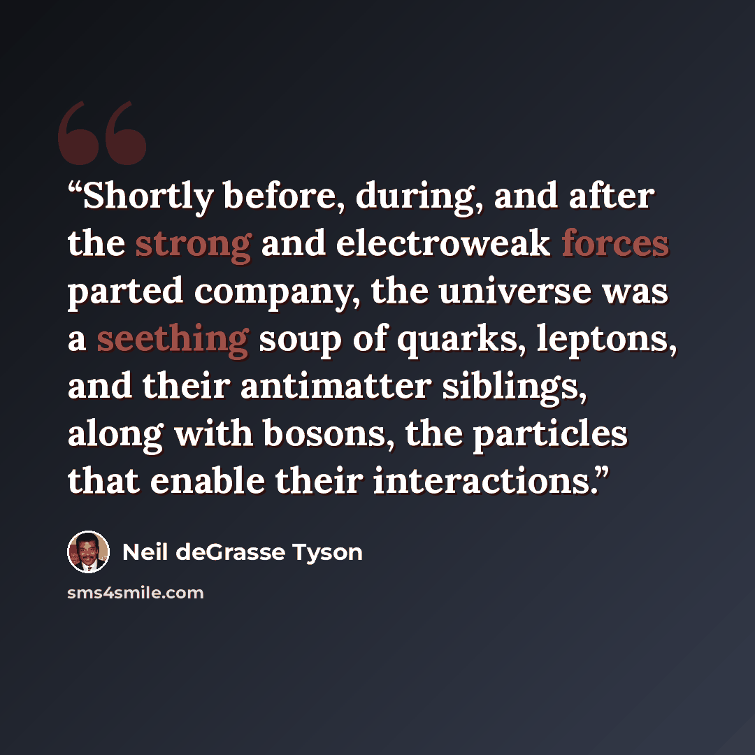 “Shortly before, during, and after the strong and electroweak forces parted company, the universe was a seething soup of quarks, leptons, and their antimatter siblings, along with bosons, the particles that enable their interactions.” quote by Neil deGrasse Tyson