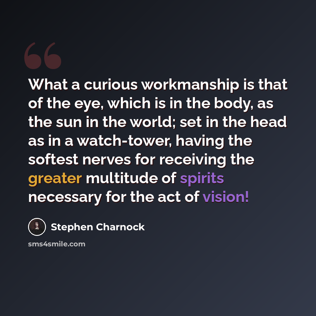 “What a curious workmanship is that of the eye, which is in the body, as the sun in the world; set in the head as in a watch-tower, having the softest nerves for receiving the greater multitude of spirits necessary for the act of vision!” quote by Stephen Charnock
