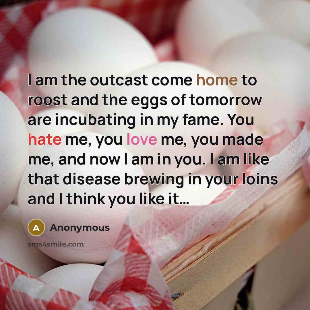 “I am the outcast come home to roost and the eggs of tomorrow are incubating in my fame. You hate me, you love me, you made me, and now I am in you. I am like that disease brewing in your loins and I think you like it…” quote by Anonymous
