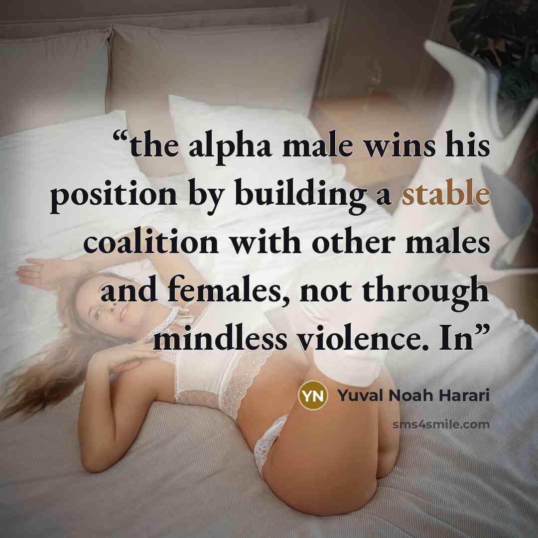 “the alpha male wins his position by building a stable coalition with other males and females, not through mindless violence. In” quote by Yuval Noah Harari