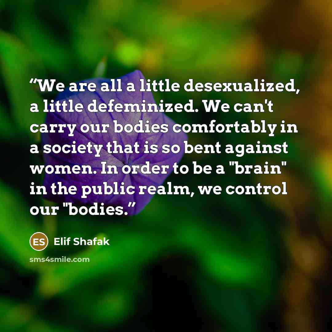 “We are all a little desexualized, a little defeminized. We can't carry our bodies comfortably in a society that is so bent against women. In order to be a "brain" in the public realm, we control our "bodies.” quote by Elif Shafak