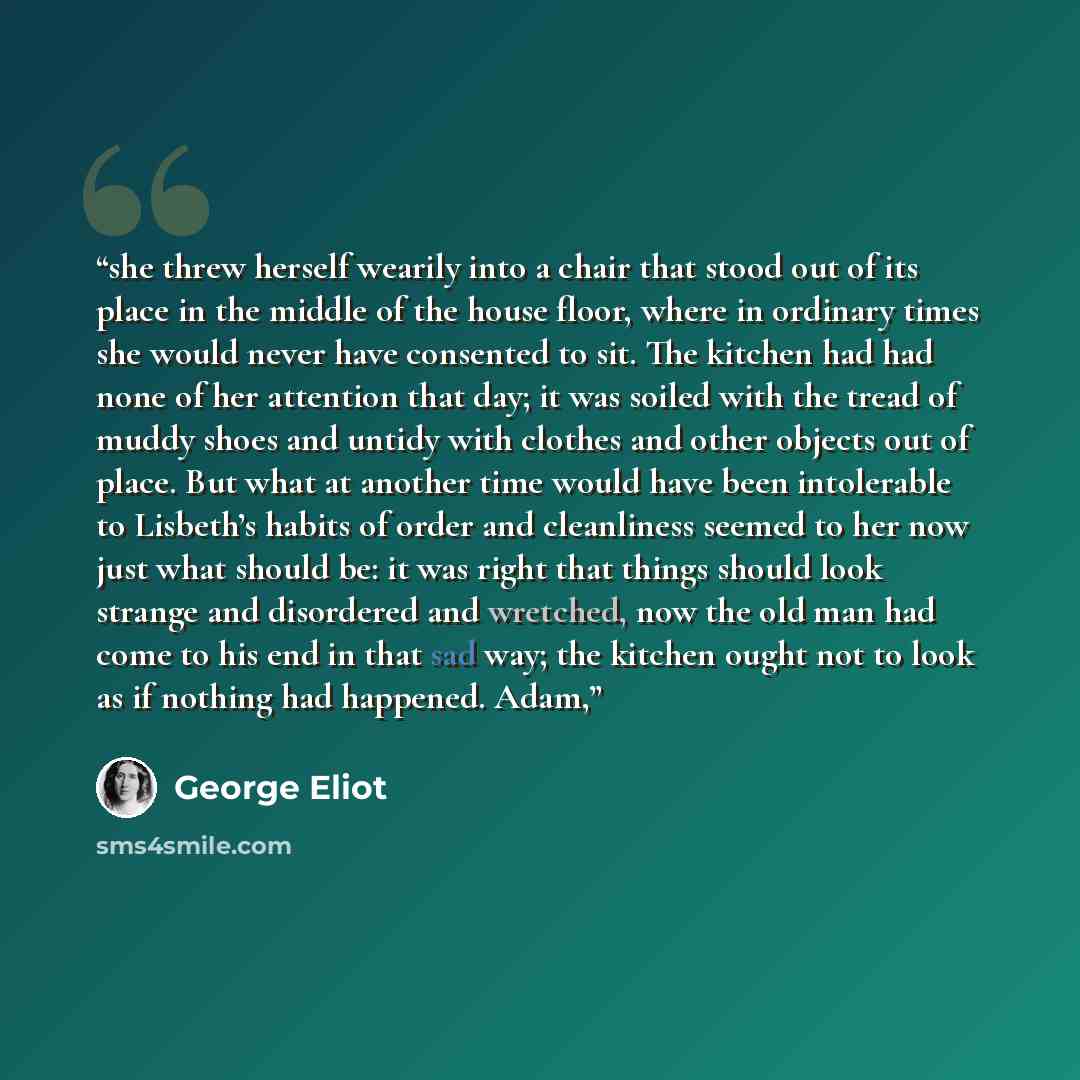 “she threw herself wearily into a chair that stood out of its place in the middle of the house floor, where in ordinary times she would never have consented to sit. The kitchen had had none of her attention that day; it was soiled with the tread of muddy shoes and untidy with clothes and other…” quote by George Eliot