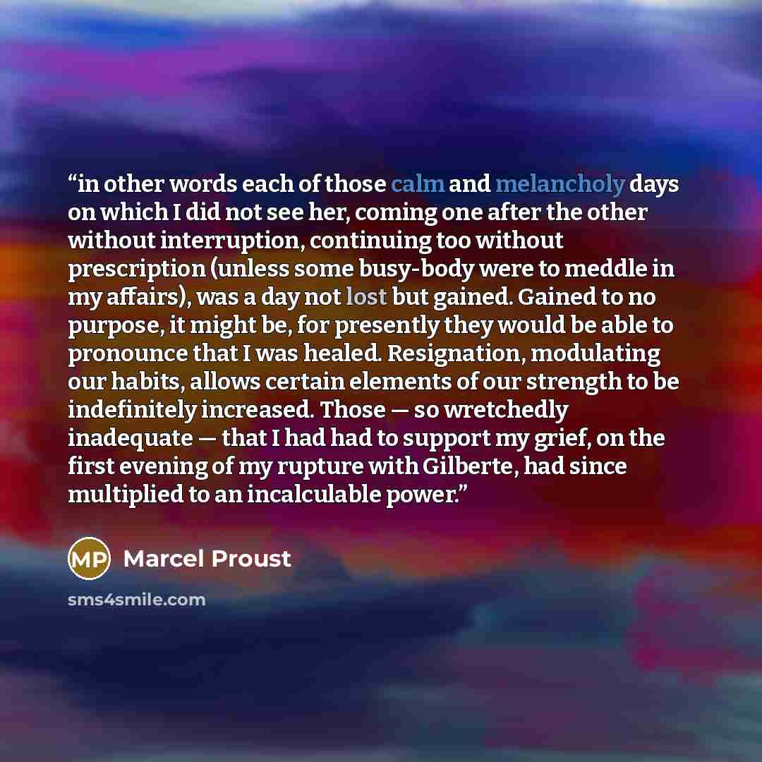 “in other words each of those calm and melancholy days on which I did not see her, coming one after the other without interruption, continuing too without prescription (unless some busy-body were to meddle in my affairs), was a day not lost but gained. Gained to no purpose, it might be, for…” quote by Marcel Proust