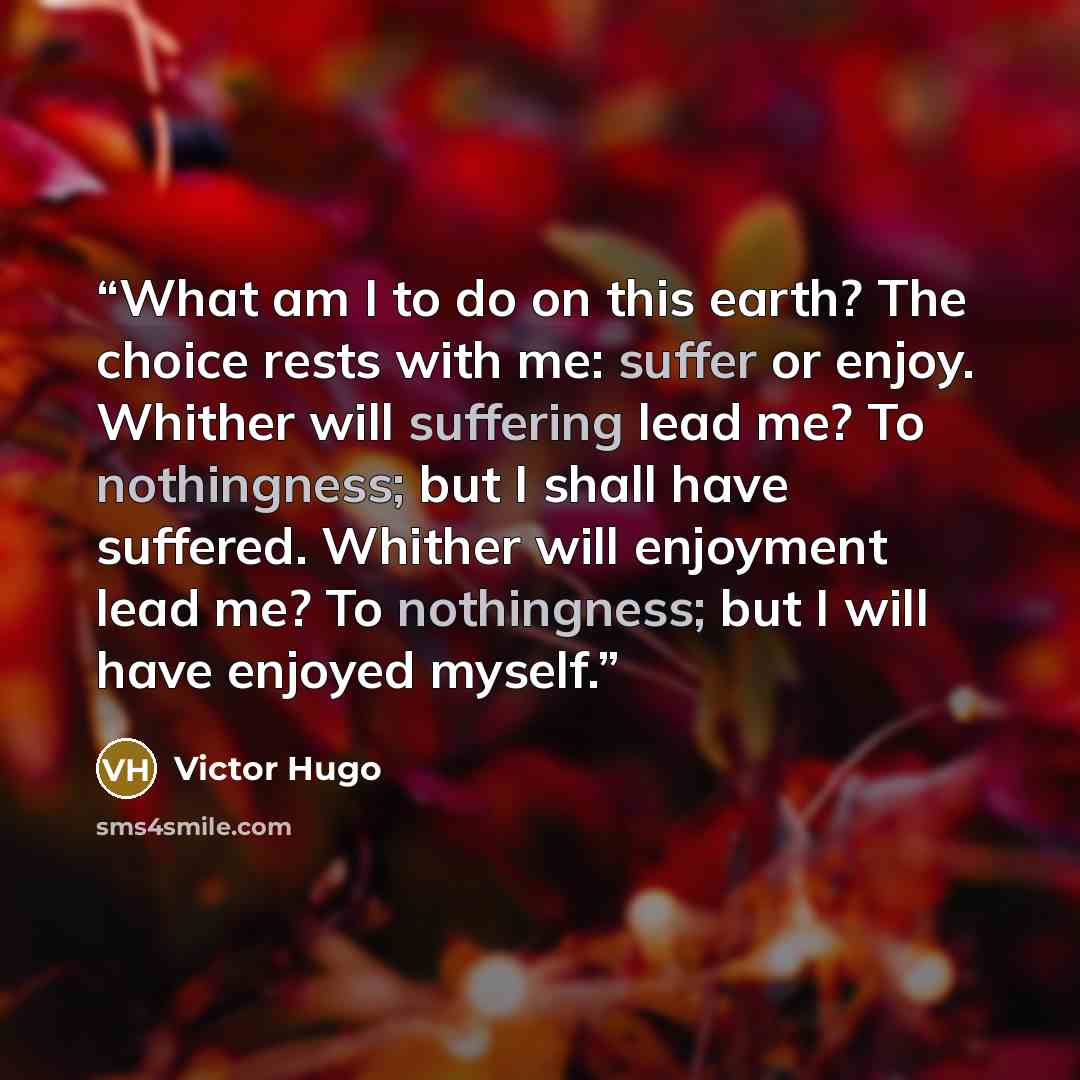 “What am I to do on this earth? The choice rests with me: suffer or enjoy. Whither will suffering lead me? To nothingness; but I shall have suffered. Whither will enjoyment lead me? To nothingness; but I will have enjoyed myself.” quote by Victor Hugo