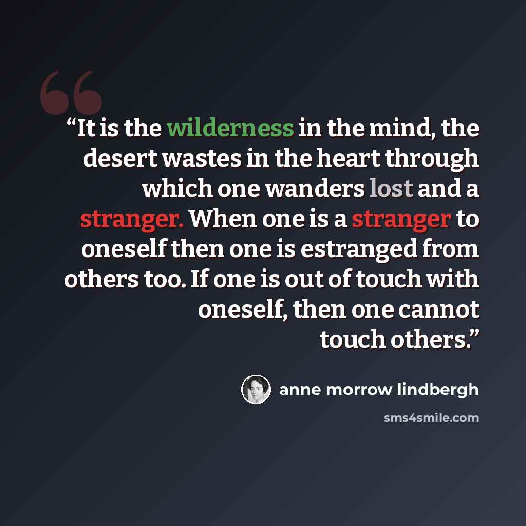 “It is the wilderness in the mind, the desert wastes in the heart through which one wanders lost and a stranger. When one is a stranger to oneself then one is estranged from others too. If one is out of touch with oneself, then one cannot touch others.” quote by Anne Morrow Lindbergh