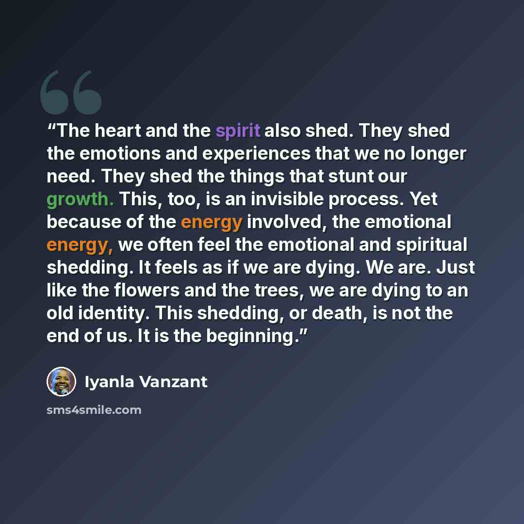 “The heart and the spirit also shed. They shed the emotions and experiences that we no longer need. They shed the things that stunt our growth. This, too, is an invisible process. Yet because of the energy involved, the emotional energy, we often feel the emotional and spiritual shedding. It feels…” quote by Iyanla Vanzant