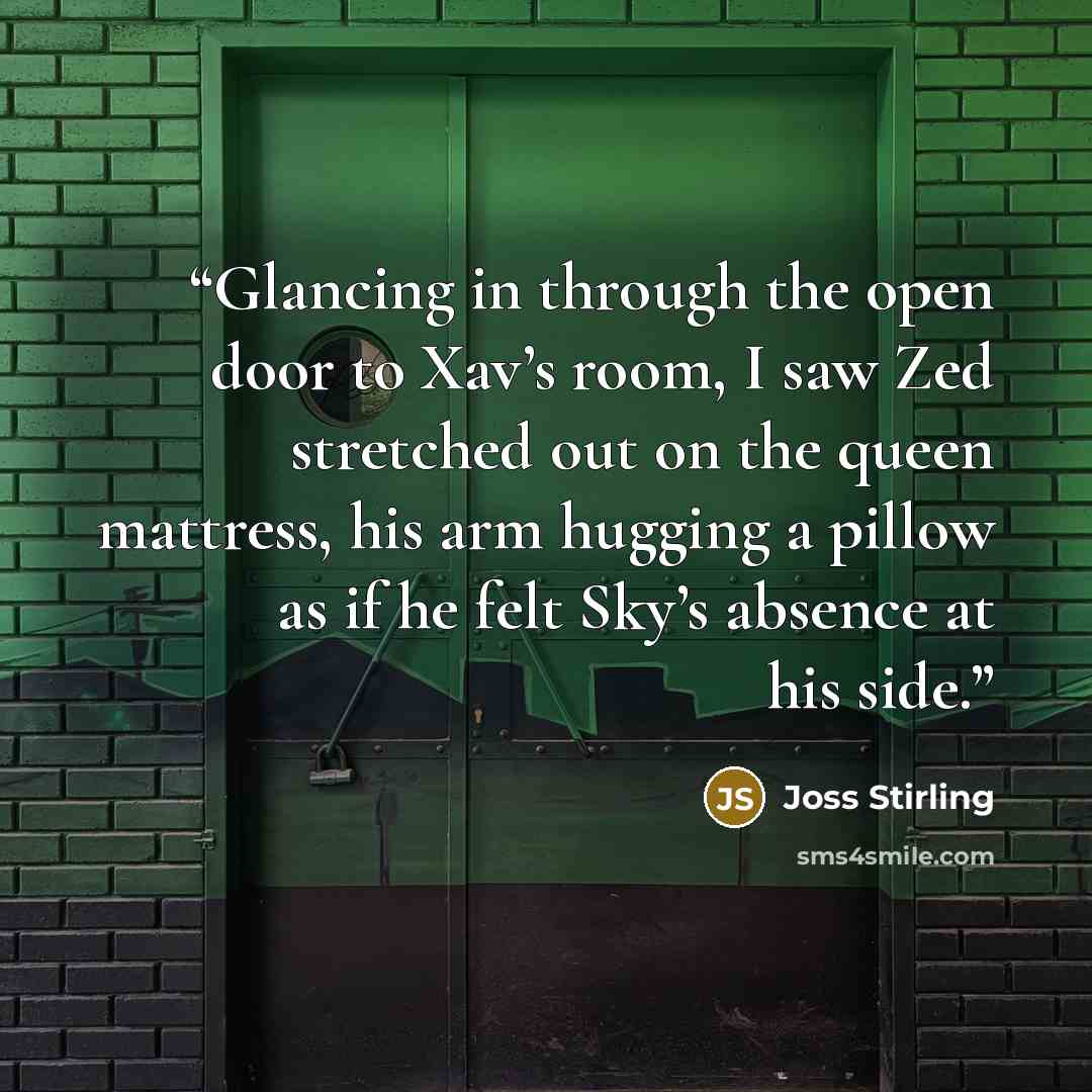 “Glancing in through the open door to Xav’s room, I saw Zed stretched out on the queen mattress, his arm hugging a pillow as if he felt Sky’s absence at his side.” quote by Joss Stirling