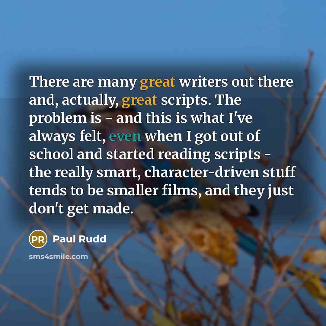 “There are many great writers out there and, actually, great scripts. The problem is - and this is what I've always felt, even when I got out of school and started reading scripts - the really smart, character-driven stuff tends to be smaller films, and they just don't get made.” quote by Paul Rudd