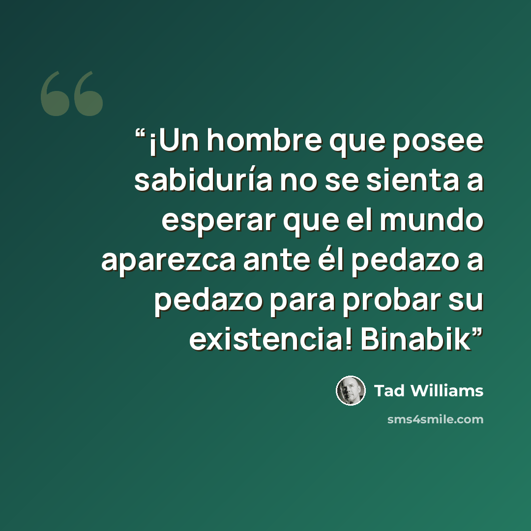 “¡Un hombre que posee sabiduría no se sienta a esperar que el mundo aparezca ante él pedazo a pedazo para probar su existencia! Binabik” quote by Tad Williams