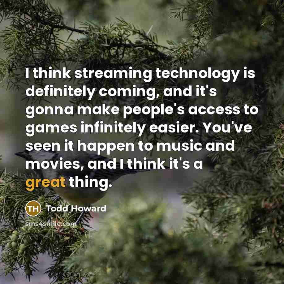 “I think streaming technology is definitely coming, and it's gonna make people's access to games infinitely easier. You've seen it happen to music and movies, and I think it's a great thing.” quote by Todd Howard