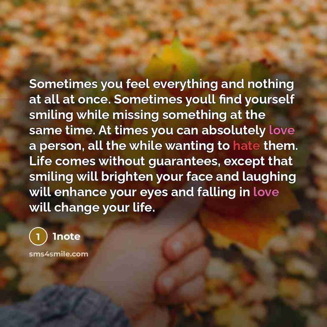 “Sometimes you feel everything and nothing at all at once. Sometimes youll find yourself smiling while missing something at the same time. At times you can absolutely love a person, all the while wanting to hate them. Life comes without guarantees, except that smiling will brighten your face and…” quote by 1note