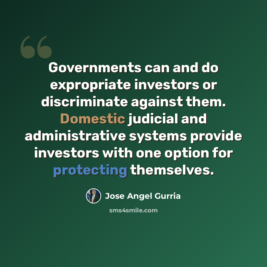 “Governments can and do expropriate investors or discriminate against them. Domestic judicial and administrative systems provide investors with one option for protecting themselves.” quote by Jose Angel Gurria