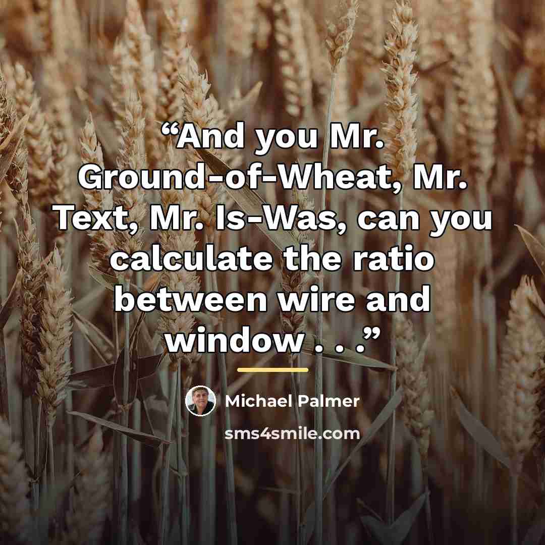“And you Mr. Ground-of-Wheat, Mr. Text, Mr. Is-Was, can you calculate the ratio between wire and window . . .” quote by Michael Palmer