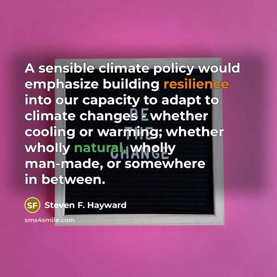 “A sensible climate policy would emphasize building resilience into our capacity to adapt to climate changes - whether cooling or warming; whether wholly natural, wholly man-made, or somewhere in between.” quote by Steven F. Hayward