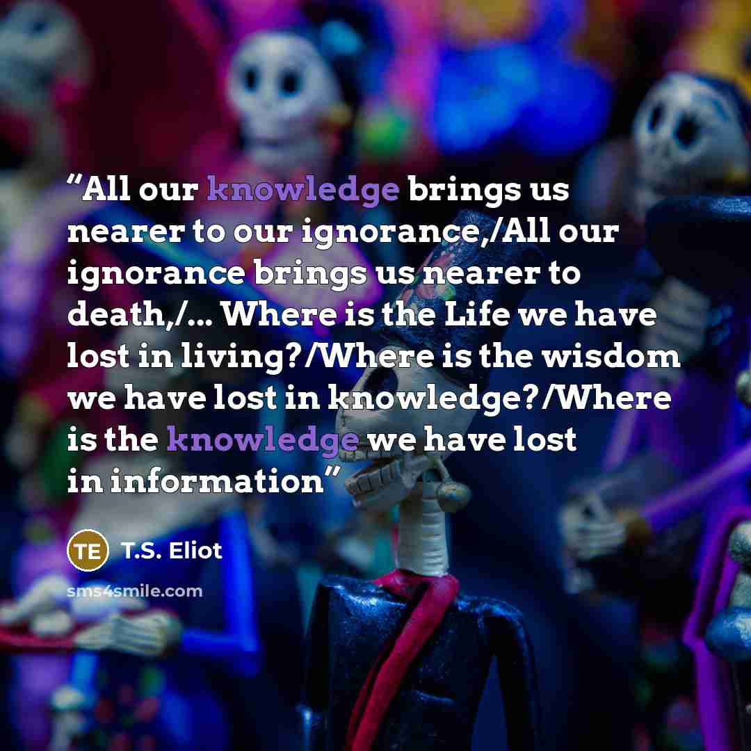 “All our knowledge brings us nearer to our ignorance,/All our ignorance brings us nearer to death,/... Where is the Life we have lost in living?/Where is the wisdom we have lost in knowledge?/Where is the knowledge we have lost in information” quote by T.S. Eliot