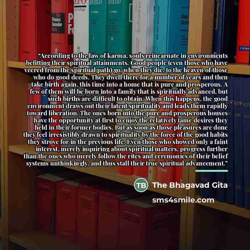 “According to the law of karma, souls reincarnate in environments befitting their spiritual attainments. Good people (even those who have veered from the spiritual path) go, when they die, to the heaven of those who do good deeds. They dwell there for a number of years and then take birth again…” quote by The Bhagavad Gita