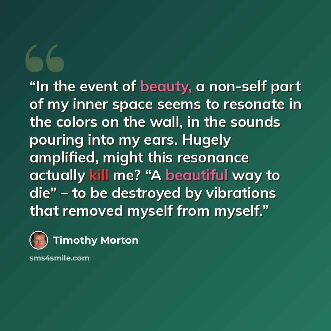 “In the event of beauty, a non-self part of my inner space seems to resonate in the colors on the wall, in the sounds pouring into my ears. Hugely amplified, might this resonance actually kill me? “A beautiful way to die” – to be destroyed by vibrations that removed myself from myself.” quote by Timothy Morton