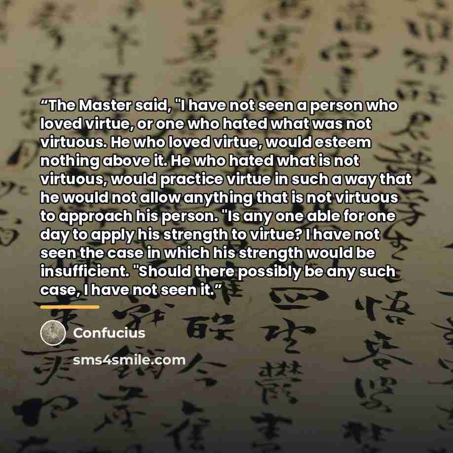 “The Master said, "I have not seen a person who loved virtue, or one who hated what was not virtuous. He who loved virtue, would esteem nothing above it. He who hated what is not virtuous, would practice virtue in such a way that he would not allow anything that is not virtuous to approach his…” quote by Confucius