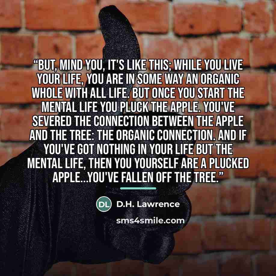 “But, mind you, it's like this; while you live your life, you are in some way an organic whole with all life. But once you start the mental life you pluck the apple. You've severed the connection between the apple and the tree: the organic connection. And if you've got nothing in your life but the…” quote by D.H. Lawrence