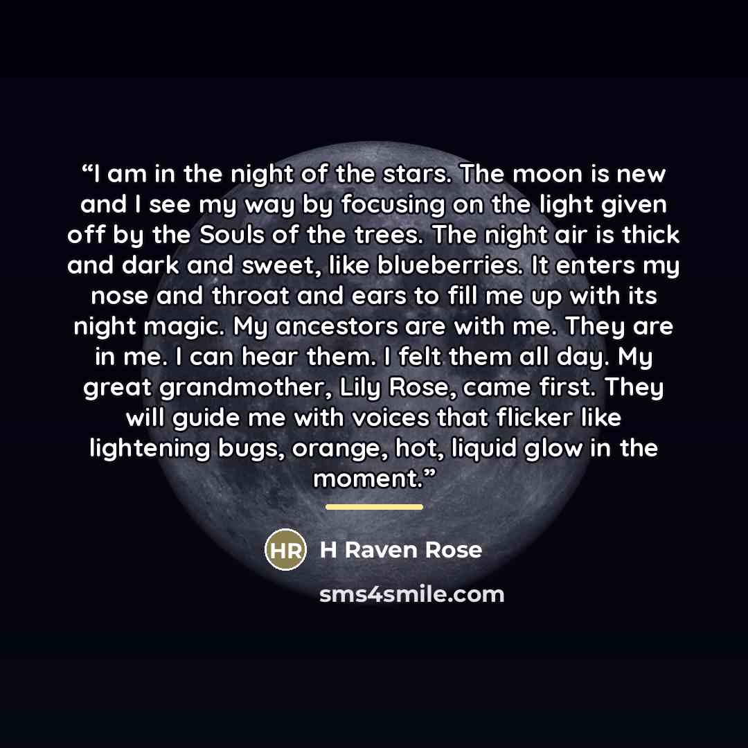 “I am in the night of the stars. The moon is new and I see my way by focusing on the light given off by the Souls of the trees. The night air is thick and dark and sweet, like blueberries. It enters my nose and throat and ears to fill me up with its night magic. My ancestors are with me. They are…” quote by H Raven Rose
