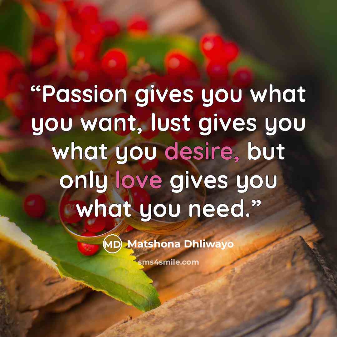 “Passion gives you what you want, lust gives you what you desire, but only love gives you what you need.” quote by Matshona Dhliwayo