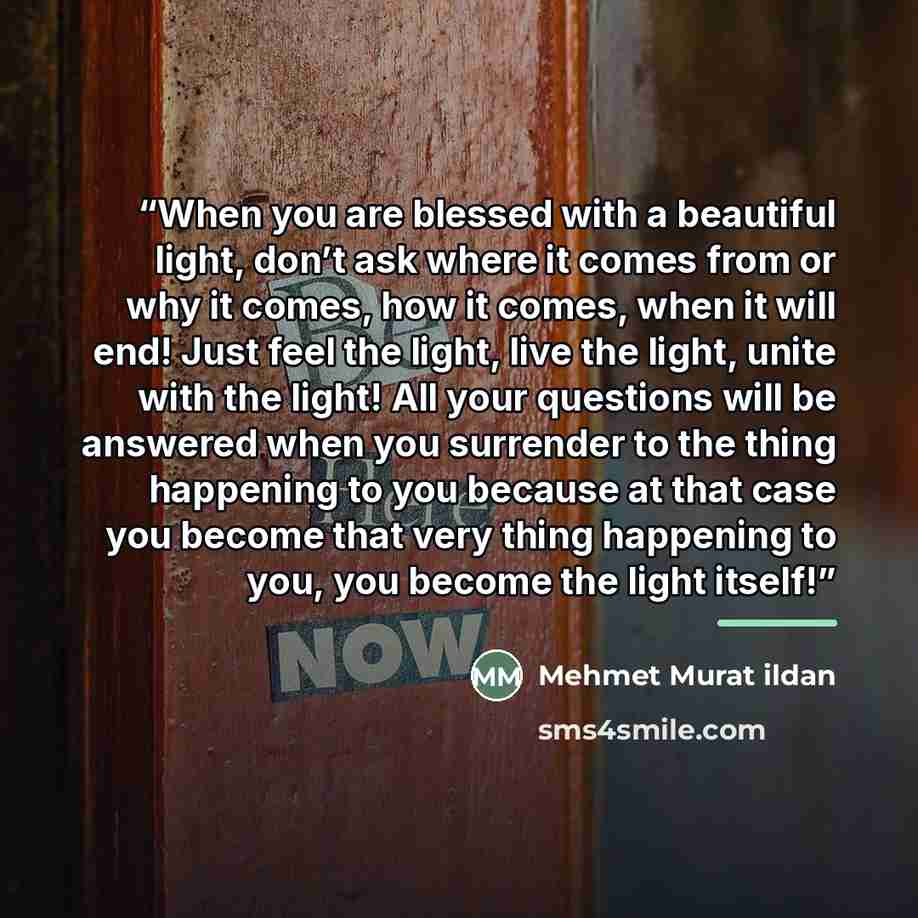 “When you are blessed with a beautiful light, don’t ask where it comes from or why it comes, how it comes, when it will end! Just feel the light, live the light, unite with the light! All your questions will be answered when you surrender to the thing happening to you because at that case you…” quote by Mehmet Murat ildan