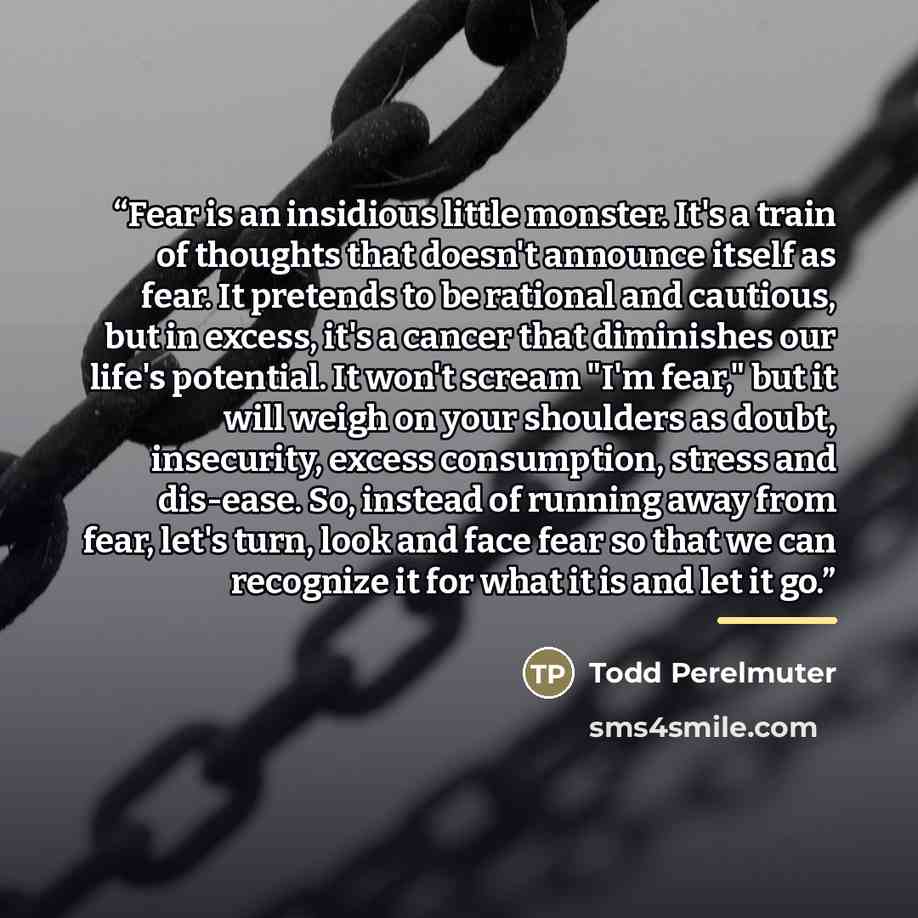 “Fear is an insidious little monster. It's a train of thoughts that doesn't announce itself as fear. It pretends to be rational and cautious, but in excess, it's a cancer that diminishes our life's potential. It won't scream "I'm fear," but it will weigh on your shoulders as doubt, insecurity…” quote by Todd Perelmuter