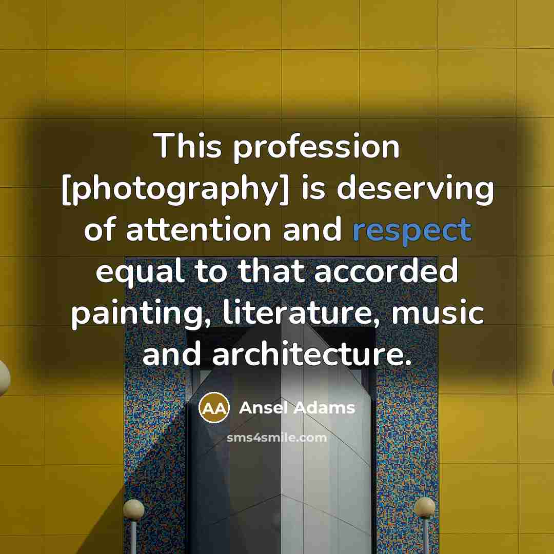 “This profession [photography] is deserving of attention and respect equal to that accorded painting, literature, music and architecture.” quote by Ansel Adams