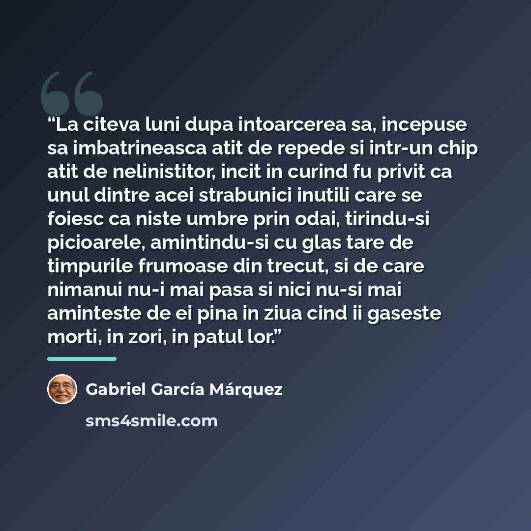 “La citeva luni dupa intoarcerea sa, incepuse sa imbatrineasca atit de repede si intr-un chip atit de nelinistitor, incit in curind fu privit ca unul dintre acei strabunici inutili care se foiesc ca niste umbre prin odai, tirindu-si picioarele, amintindu-si cu glas tare de timpurile frumoase din…” quote by Gabriel García Márquez
