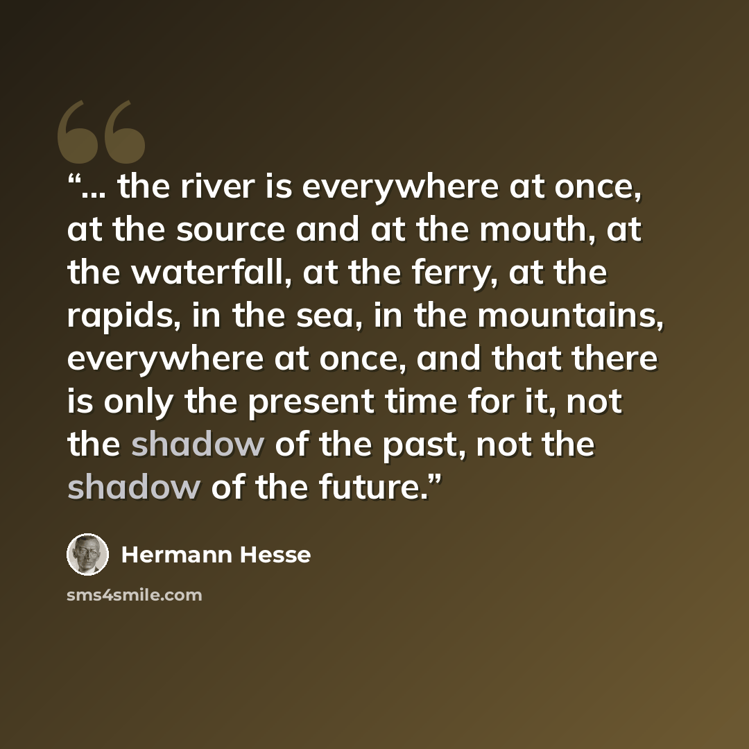 “... the river is everywhere at once, at the source and at the mouth, at the waterfall, at the ferry, at the rapids, in the sea, in the mountains, everywhere at once, and that there is only the present time for it, not the shadow of the past, not the shadow of the future.” quote by Hermann Hesse