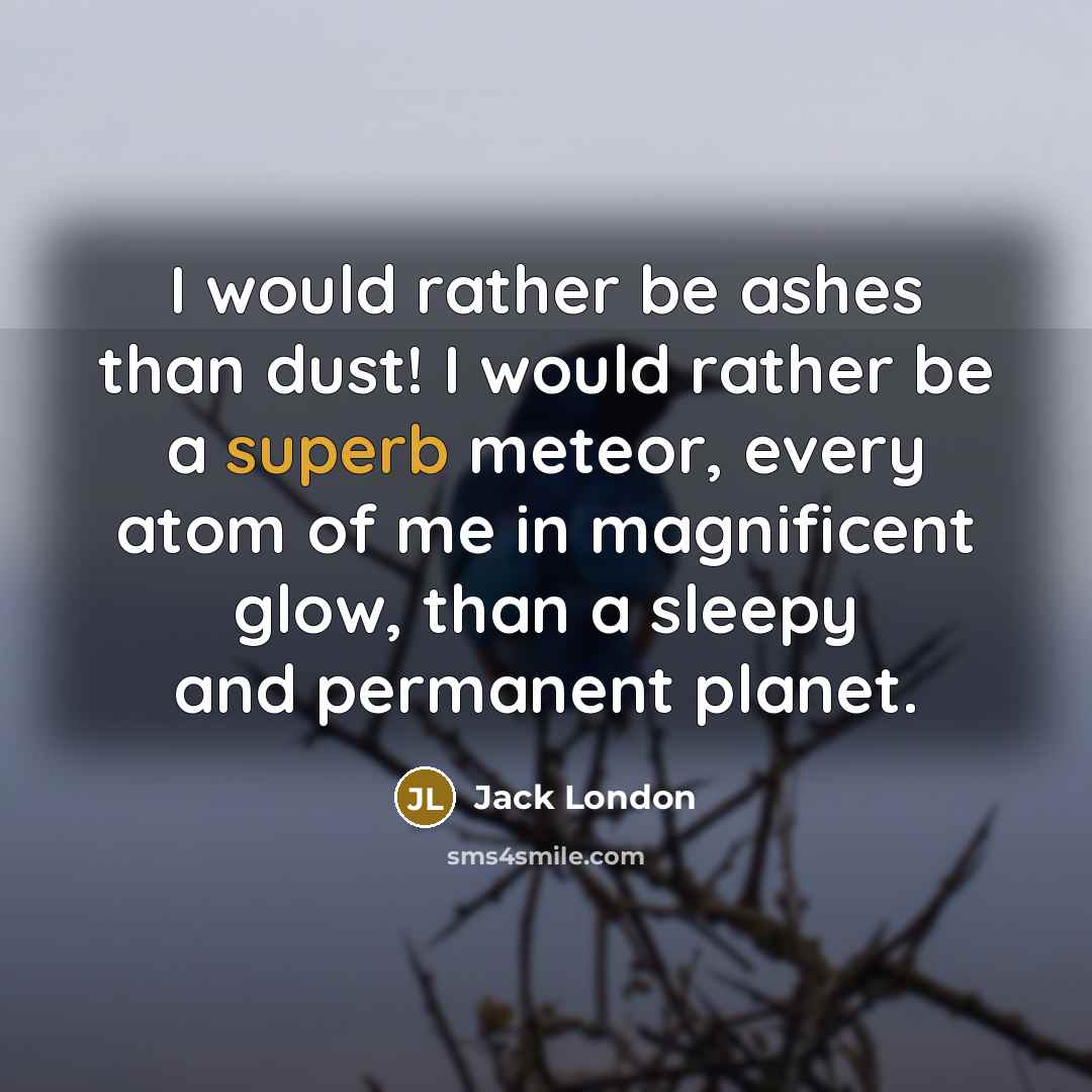 “I would rather be ashes than dust! I would rather be a superb meteor, every atom of me in magnificent glow, than a sleepy and permanent planet.” quote by Jack London