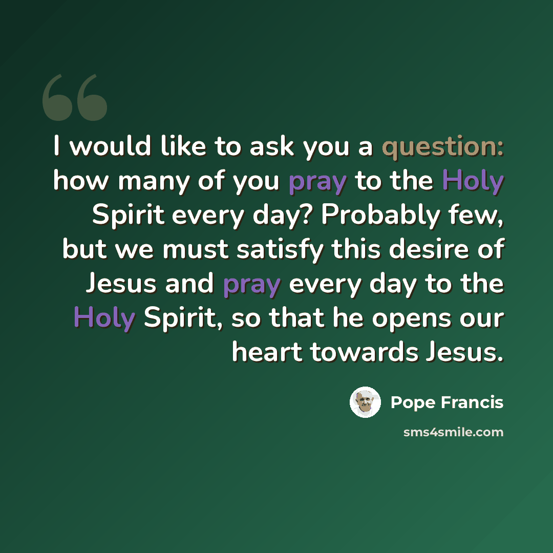 “I would like to ask you a question: how many of you pray to the Holy Spirit every day? Probably few, but we must satisfy this desire of Jesus and pray every day to the Holy Spirit, so that he opens our heart towards Jesus.” quote by Pope Francis