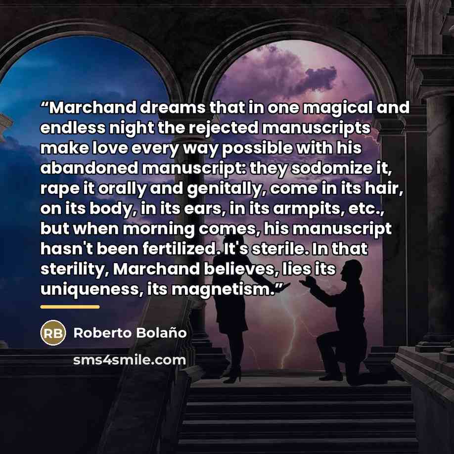 “Marchand dreams that in one magical and endless night the rejected manuscripts make love every way possible with his abandoned manuscript: they sodomize it, rape it orally and genitally, come in its hair, on its body, in its ears, in its armpits, etc., but when morning comes, his manuscript hasn't…” quote by Roberto Bolaño