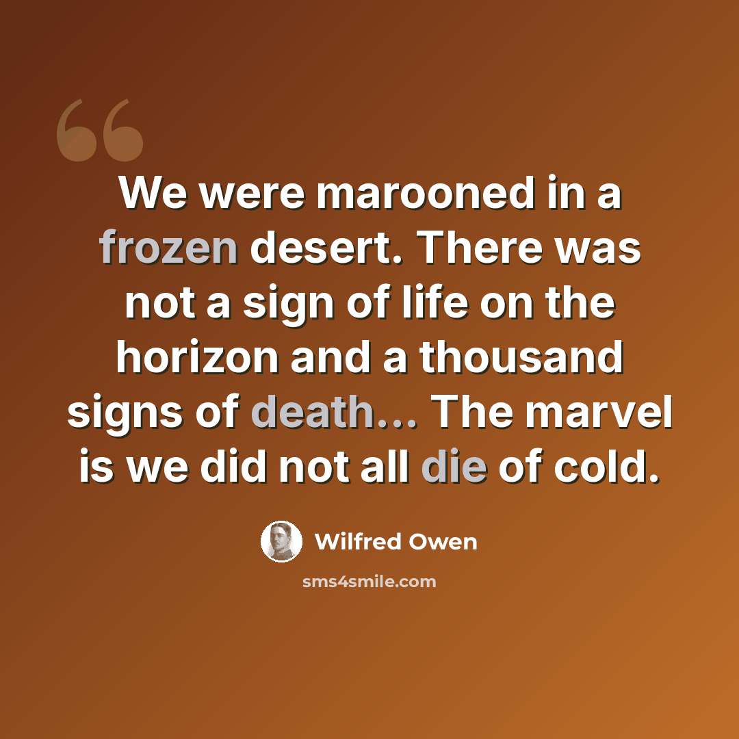 “We were marooned in a frozen desert. There was not a sign of life on the horizon and a thousand signs of death... The marvel is we did not all die of cold.” quote by Wilfred Owen