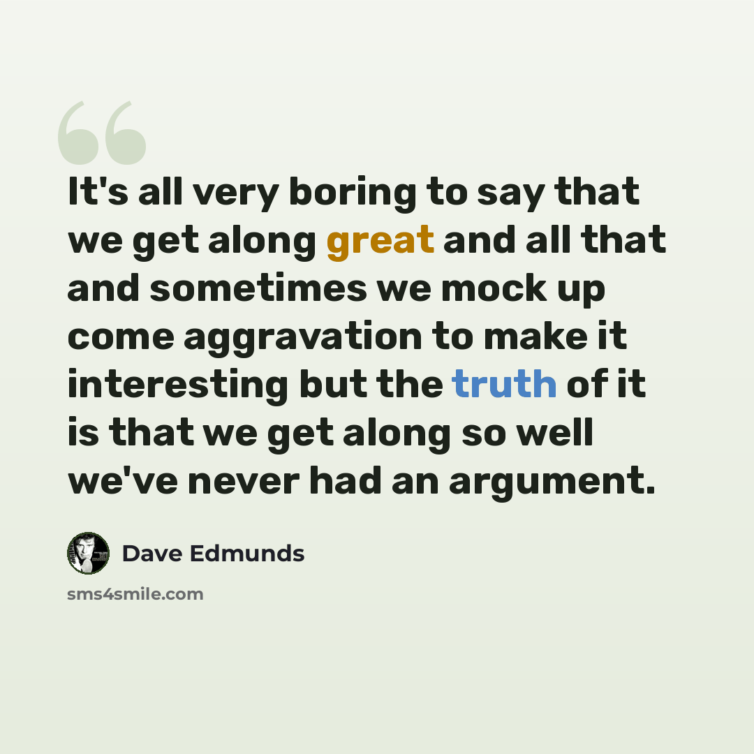“It's all very boring to say that we get along great and all that and sometimes we mock up come aggravation to make it interesting but the truth of it is that we get along so well we've never had an argument.” quote by Dave Edmunds