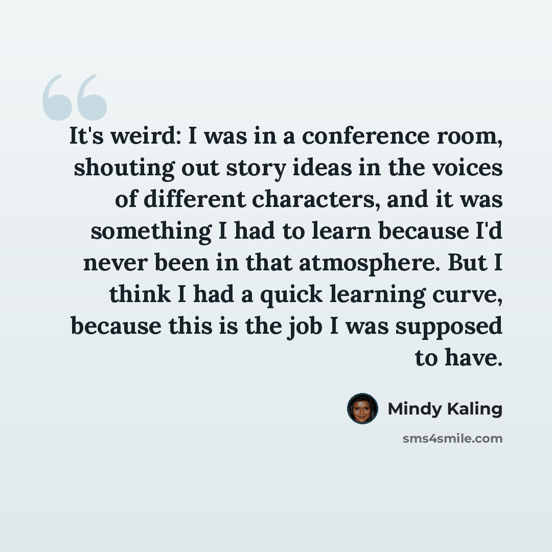 “It's weird: I was in a conference room, shouting out story ideas in the voices of different characters, and it was something I had to learn because I'd never been in that atmosphere. But I think I had a quick learning curve, because this is the job I was supposed to have.” quote by Mindy Kaling