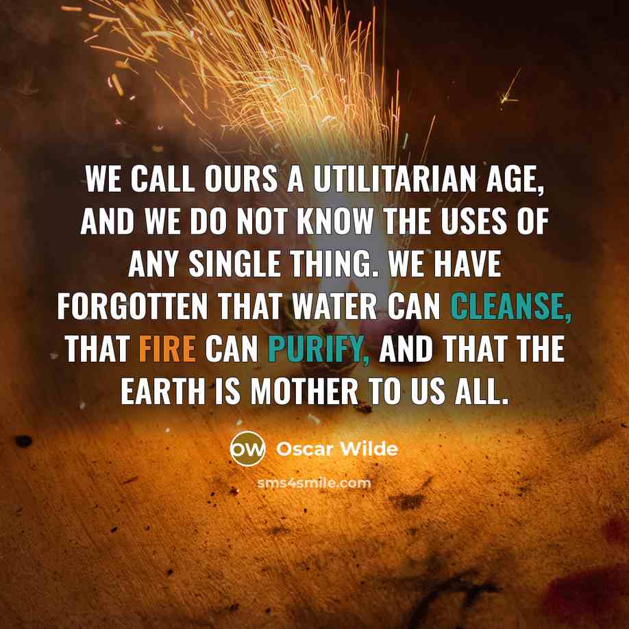 “We call ours a utilitarian age, and we do not know the uses of any single thing. We have forgotten that water can cleanse, that fire can purify, and that the Earth is mother to us all.” quote by Oscar Wilde