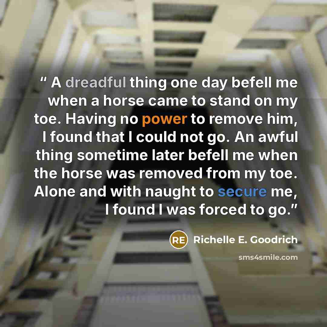 “A dreadful thing one day befell me when a horse came to stand on my toe. Having no power to remove him, I found that I could not go. An awful thing sometime later befell me when the horse was removed from my toe. Alone and with naught to secure me, I found I was forced to go.” quote by Richelle E. Goodrich