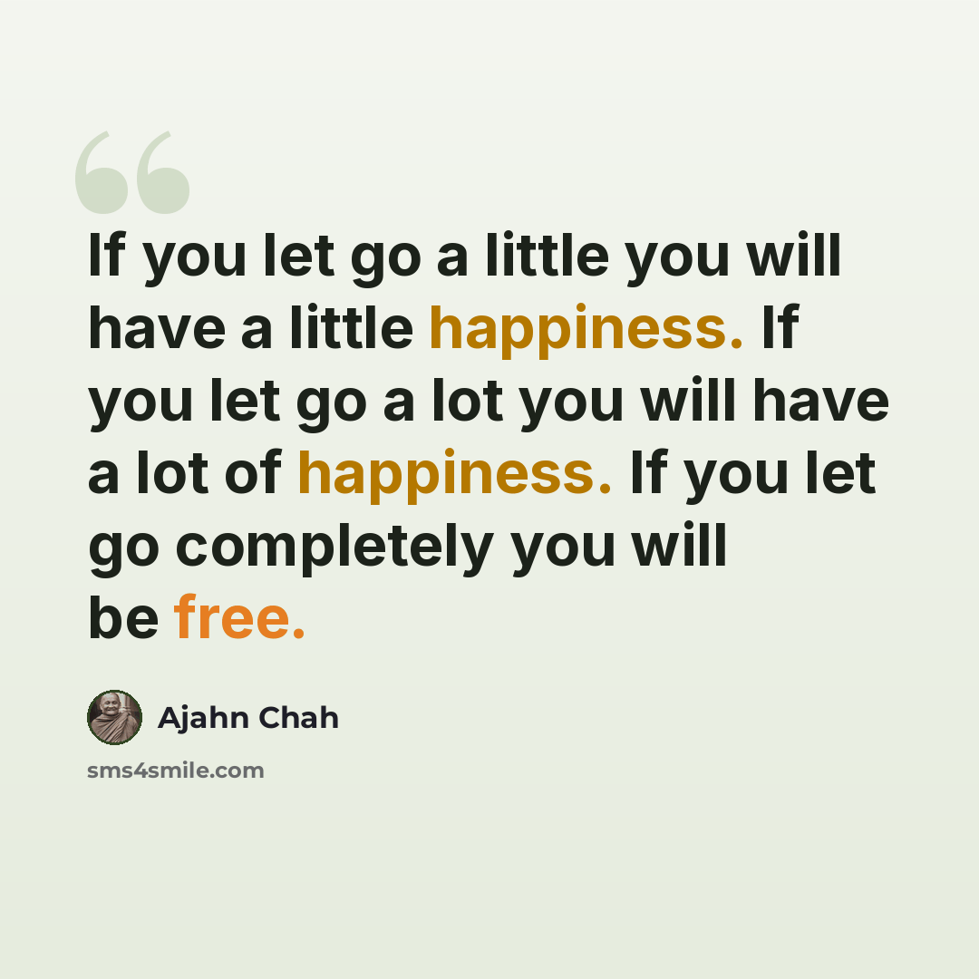 “If you let go a little you will have a little happiness. If you let go a lot you will have a lot of happiness. If you let go completely you will be free.” quote by Ajahn Chah