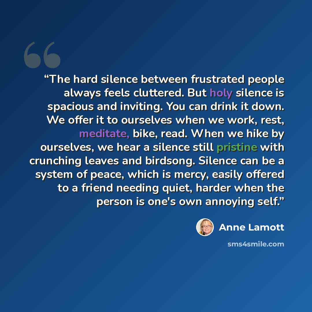 “The hard silence between frustrated people always feels cluttered. But holy silence is spacious and inviting. You can drink it down. We offer it to ourselves when we work, rest, meditate, bike, read. When we hike by ourselves, we hear a silence still pristine with crunching leaves and birdsong…” quote by Anne Lamott