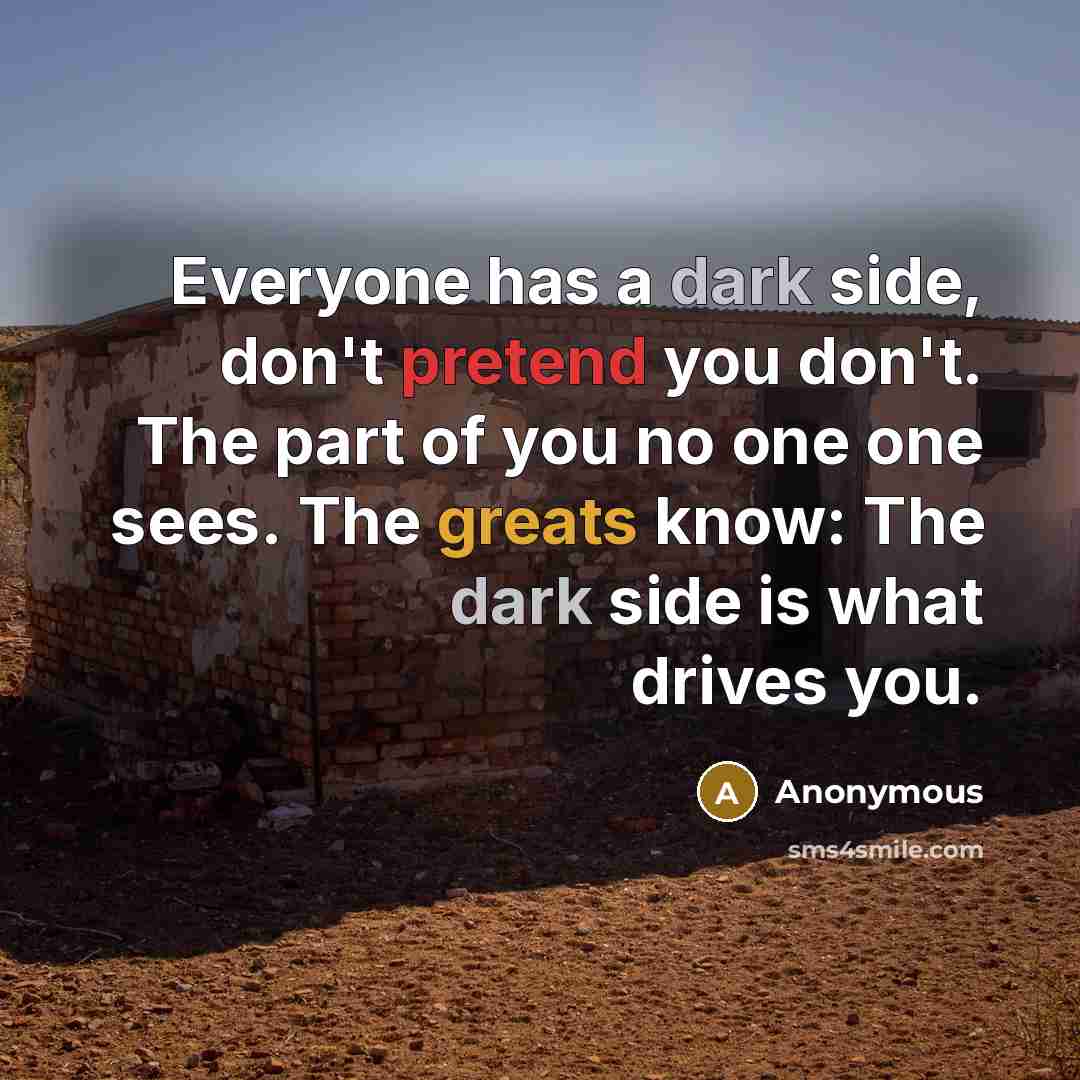 “Everyone has a dark side, don't pretend you don't. The part of you no one one sees. The greats know: The dark side is what drives you.” quote by Anonymous